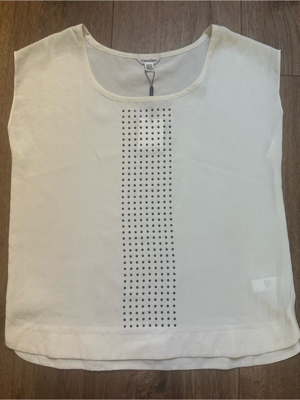 NWT! Calvin Klein Women's Sleeveless Blouse, White, Black Jewels, Embellished XS